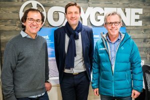 Monsieur le maire de Moutiers Fabrice Pannekoucke et Pierre et Bertrand de Monvallier, co-fondateurs Oxygène ski